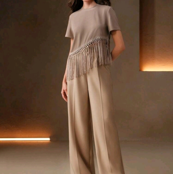 Classic Round Neck Short Sleeve Casual Elegant Fringe Trim High-Quality T-Shirt - Picture 4 of 6